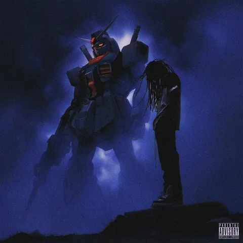 Album cover: a figure standing before a giant robot in blue light